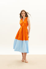 Load image into Gallery viewer, The Long V Dress - Orange &amp; Sky Blue
